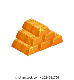 Pyramid from shiny golden ingots. Cartoon icon of gold bars in rectangular shape. Colorful flat vector element for mobile game interface