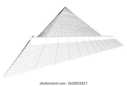 A pyramid is shown in black and white. The pyramid is very tall and has a very sharp point at the top