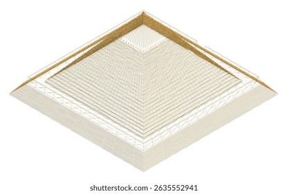 A pyramid is shown in a brown color. The pyramid is made of wood and has a brown color. Isometric view, 3D