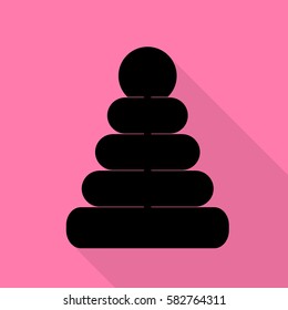 Pyramid sign illustration. Black icon with flat style shadow path on pink background.