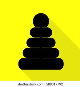 Pyramid sign illustration. Black icon with flat style shadow path on yellow background.