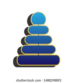 Pyramid sign illustration. Blue icon with gold contour with dark gray shadow at white background. Illustration.