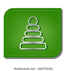 Pyramid sign illustration. Silver gradient line icon with dark green shadow at ecological patched green leaf. Illustration.