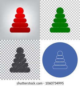 Pyramid sign illustration. Vector. 4 styles. Red gradient in radial lighted background, green flat and gray scribble icons on transparent and linear one in blue circle.