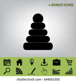 Pyramid sign illustration. Vector. Black icon at gray background with bonus icons 