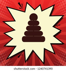 Pyramid sign illustration. Vector. Dark red icon in lemon chiffon shutter bubble at red popart background with rays.