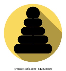 Pyramid sign illustration. Vector. Flat black icon with flat shadow on royal yellow circle with white background. Isolated.