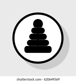 Pyramid sign illustration. Vector. Flat black icon in white circle with shadow at gray background.