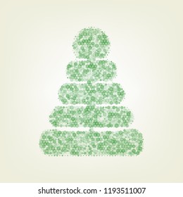 Pyramid sign illustration. Vector. Green hexagon rastered icon and noised opacity and size at light green background with central light.