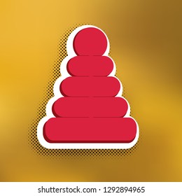 Pyramid sign illustration. Vector. Magenta icon with darker shadow, white sticker and black popart shadow on golden background.