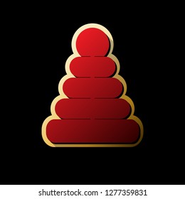 Pyramid sign illustration. Vector. Red icon with small black and limitless shadows at golden sticker on black background.