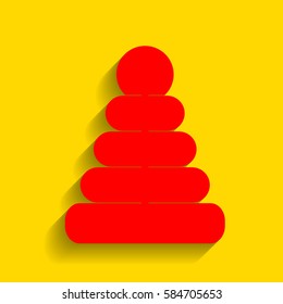 Pyramid sign illustration. Vector. Red icon with soft shadow on golden background.