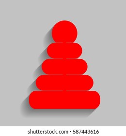 Pyramid sign illustration. Vector. Red icon with soft shadow on gray background.