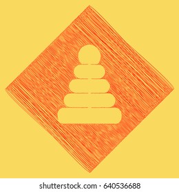 Pyramid sign illustration. Vector. Red scribble icon obtained as a result of subtraction rhomb and path. Royal yellow background.