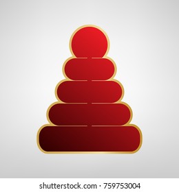 Pyramid sign illustration. Vector. Red icon on gold sticker at light gray background.