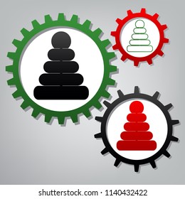 Pyramid sign illustration. Vector. Three connected gears with icons at grayish background.