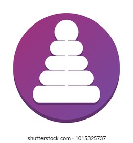 Pyramid sign illustration. Vector. White icon with flat shadow on purpureus circle at white background. Isolated.