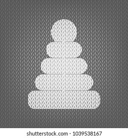 Pyramid sign illustration. Vector. White knitted icon on gray knitted background. Isolated.