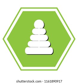 Pyramid sign illustration. Vector. White icon with black shadow at yellow green honeycomb on white background.