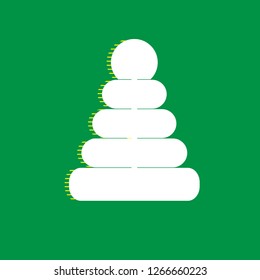 Pyramid sign illustration. Vector. White flat icon with yellow striped shadow at green background.