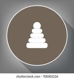 Pyramid sign illustration. Vector. White icon on brown circle with white contour and long shadow at gray background. Like top view on postament.