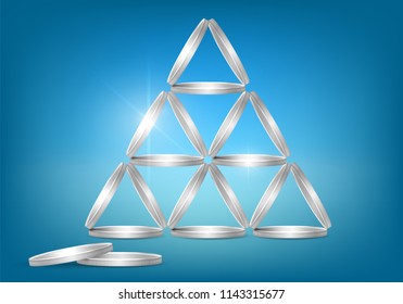 A pyramid of silver coins, a coin like a house of cards, wealth, a jackpot