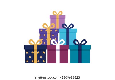 A pyramid of six gift boxes in various colors with decorative ribbons and stars on a white background