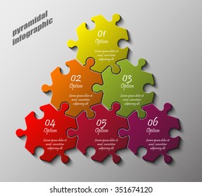 Pyramid Six piece flat puzzle round infographic presentation. 6 step circle business diagram. Six section compare service banner. Vector illustration template shape . 3d Abstract Background