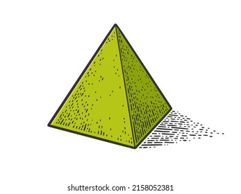Pyramid sphere geometric shape color green sketch engraving vector illustration. T-shirt apparel print design. Scratch board imitation. Black and white hand drawn image.
