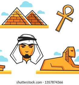 Pyramide und Sphinx Beduin und koptisches, nahtloses Muster, Vektorgrafik Ägypten reisen Gebäude oder Architektur ägyptischen Mann Religion Symbol Tourismus und Reisen Attraktion afrikanischen Land Symbole Wüste
