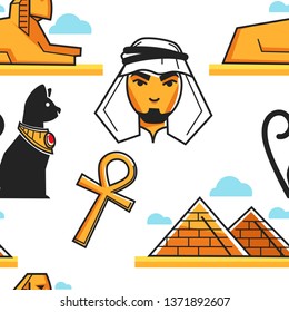 Pirámide y esfinge Estatua del gato beduino y de la cruz de cobre sin fisuras vector de patrón Egipto arquitectura de viaje Hombre egipcio símbolo de religión turismo y atracción de viaje animal sagrado y desierto