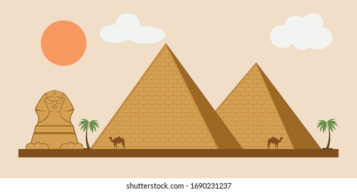 pyramid with Sphinx and camel drawing in vector