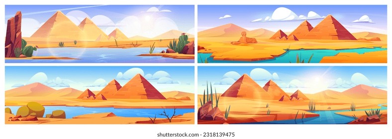 Pyramid and sphinx in egypt desert oasis vector landscape background. Ancient nile river scene drawing banner set. Arabic archeology wild cactus and lake cartoon illustration with great stone tomb