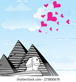 Pyramid and sphinx sphinks objects as travel love to the Cairo, Egypt , heart vector illustration