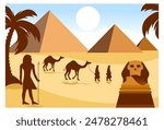 pyramid and Sphinx statue vector art. daytime activities, guards, camel herders, palm trees, sun above.