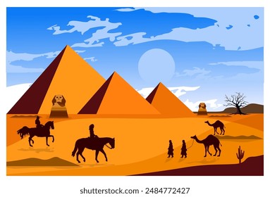 
Vektorgrafik von Pyramiden- und Sphinxstatuen. Tagsüber Aktivitäten, mit Symbolen für Reiten, Kamelhüten, Trockenbäume und die Sonne über dem Haus.