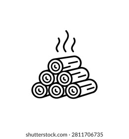 Pyramid stack of cut firewood logs releasing heat and smoke for barbecue fuel, wood grilling and camp cooking, black and white outline vector