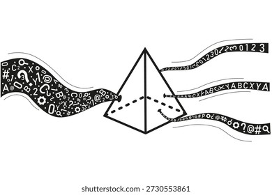 Pyramide umgeben von Linien, die verschiedene Zahlen, Buchstaben und Symbole enthalten. Informationsflusskonzept