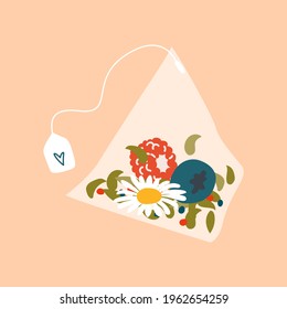 Pyramid tea bag. Tea bags with leaves, flowers, chamomile, fruits: raspberries and blueberries. Sticker, icon for design, flat style, vector. Isolated object.