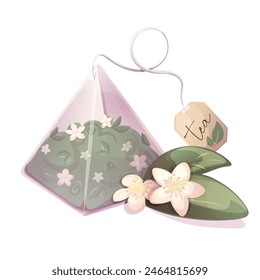 Pyramid tea bag with green loose tea with jasmine flowers. Illustration for tea shop, cafe, bar, party, tea ceremony, food concept. Vector illustration for  menu, poster, website