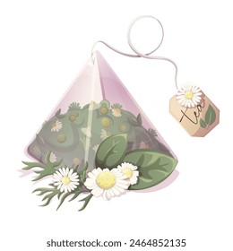 Pyramid tea bag with green loose tea with chamomile flowers. Illustration for tea shop, cafe, bar, party, tea ceremony, food concept. Vector illustration for  menu, poster, website, flyer, cover