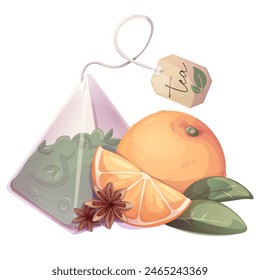 Pyramid tea bag with green loose tea with orange and star anise. Illustration for tea shop, cafe, bar, party, tea ceremony, food concept. Vector illustration for  menu, poster, website, flyer, cover