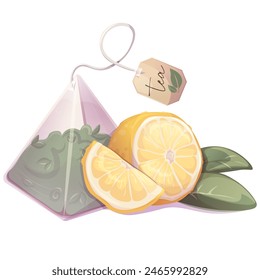 Pyramid tea bag with green loose tea with lemon. Illustration for tea shop, cafe, bar, party, tea ceremony, food concept. Vector illustration for  menu, poster, website, banner, flyer, cover