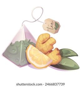 Pyramid tea bag with green loose tea with lemon,ginger. Illustration for tea shop, cafe, bar, party, tea ceremony, food concept. Vector illustration for  menu, poster, website, banner, flyer, cover 