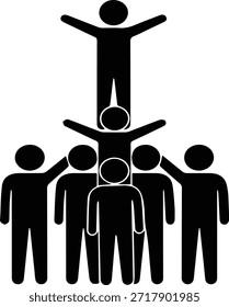 pyramid team stick figures, teamwork pyramid vector, human pyramid icon, collaborative structure, stick figure team support, corporate teamwork illustration, foundation to success 