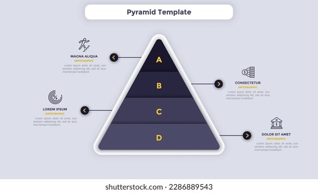 Pyramid Template-Infografik, die die Struktur des Geschäftsnetzwerks demonstriert. Kommerzielle Aktivitäten der Unternehmensentwicklung. Erfolgreiches Erreichen. Dreiecksgraph mit Symbolen. Visuelle Datendarstellung