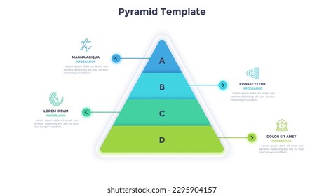 Pyramid Template-Infografik, die die Struktur des Geschäftsnetzwerks demonstriert. Kommerzielle Aktivitäten der Unternehmensentwicklung. Erfolgreiches Erreichen. Dreiecksgraph mit Symbolen. Visuelle Datendarstellung