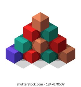 A pyramid of ten colored cubes on a white background. The play of light and shadow. Vector illustration