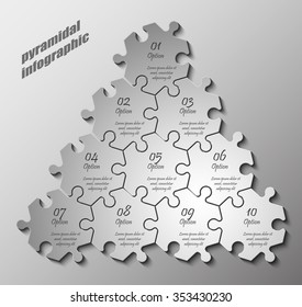 pyramid Ten piece flat puzzle round infographic presentation. 10 step circle business diagram. Ten section compare service banner. Vector illustration template shape . 3d Abstract Background