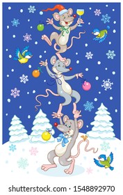 A pyramid of three funny rats - symbols of the New Year in a night glade. In cartoon style. New Year card on a dark blue background. Vector illustration.